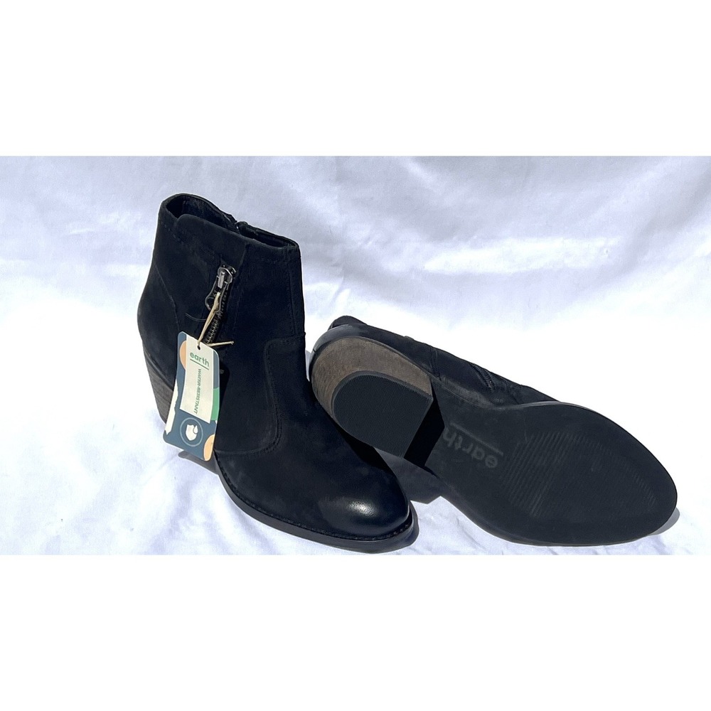 Earth Women's Boot Black Leather 6 Biker‎ Ankle Zip Block Heel Casual Shoes